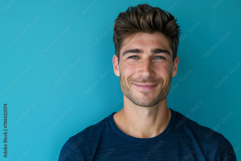 A man in a blue shirt is smiling in front of a blue wall A man in a blue shirt is smiling in front of a blue wall