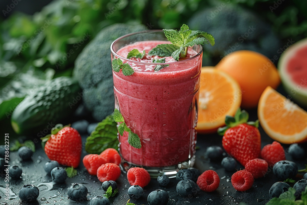 Juicy Berry Smoothie with a Citrus Twist, Lively Red Beverage on Dark Textured Background Juicy Berry Smoothie with a Citrus Twist, Lively Red Beverage on Dark Textured Background