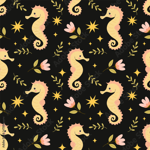 Magic pattern on a black background with flowers, seahorse and stars. Vector illustration, flat. Design for holiday wrapping paper, nursery, bedroom, home decor, notepads, etc.