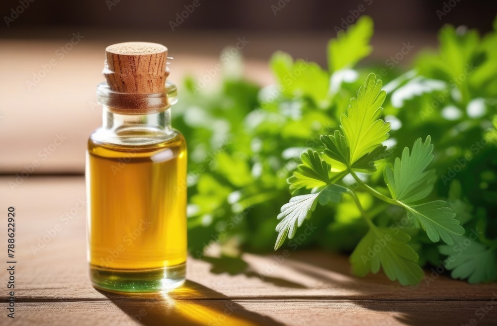 small glass bottle of coriander oil on a wooden table, fresh green coriander leaves, bunch, eco-friendly medicinal solution, wooden background, sunny day