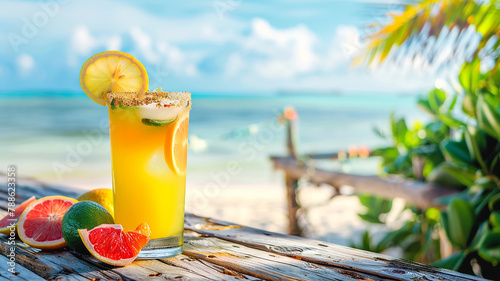 refreshing cocktail garnished with tropical fruits, set against a serene beach photo