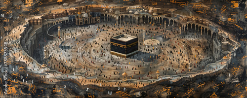 Muslims performing the hajj pilgrimage in Mecca circling the Kaaba amidst a sea of worshippers.