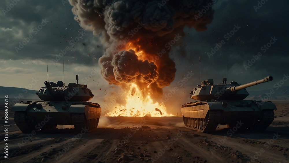Fiery Seascape at Sunset war tank: A mesmerizing scene with flames dancing on the ground at dusk. violent explosion Framed with the silhouette of a Tank against the evening sky.