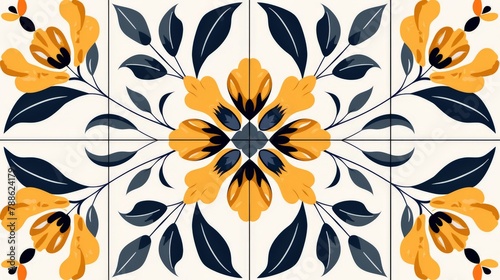Yellow and black flower on white tile