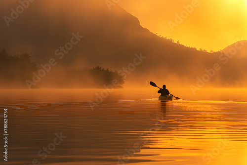 Silhouetted Kayaker Gliding Through Misty Waters at Dawn: An Adventure Amidst Scenic Splendor photo