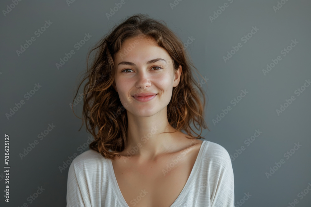 A woman with brown hair and a white shirt smiles for the camera A woman with brown hair and a white shirt smiles for the camera