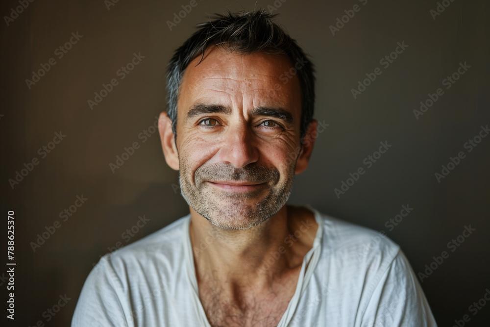 A man with a beard wearing a white shirt smiles for the camera A man with a beard wearing a white shirt smiles for the camera
