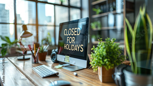 Office closed for vacations. Computer on an office desk turned off with the text 