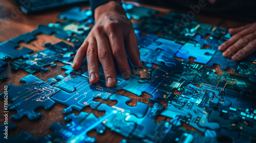 Hands engaging with a glowing jigsaw puzzle, pieces forming a circuit pattern, representing connectivity and innovation. Blockchain artificial intelligence. Development programming. Banner. Copy space