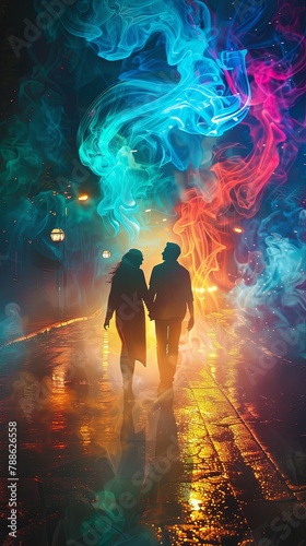 Back view of a couple walking hand-in-hand towards a dazzling cosmic explosion of colors in an urban setting.