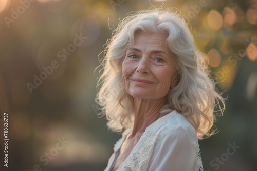 A woman with gray hair is smiling for the camera