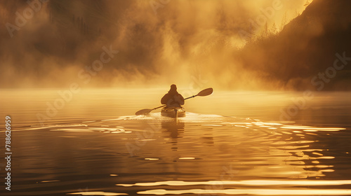 Silhouetted Kayaker Gliding Through Misty Waters at Dawn: An Adventure Amidst Scenic Splendor © Leila