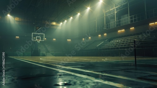 Atmospheric Indoor Basketball Court Illuminated at Night