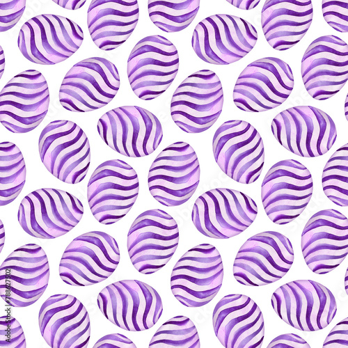 Watercolor purple egg pattern for Easter egg hunt. Hand painted illustration
