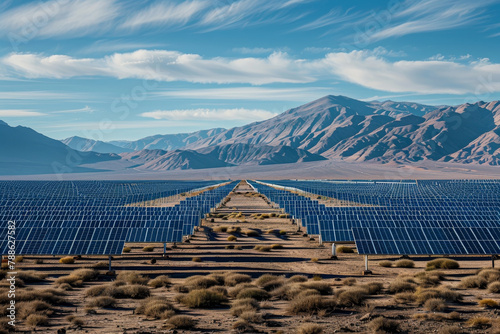 A row of solar panels are lined up in a desert © mila103