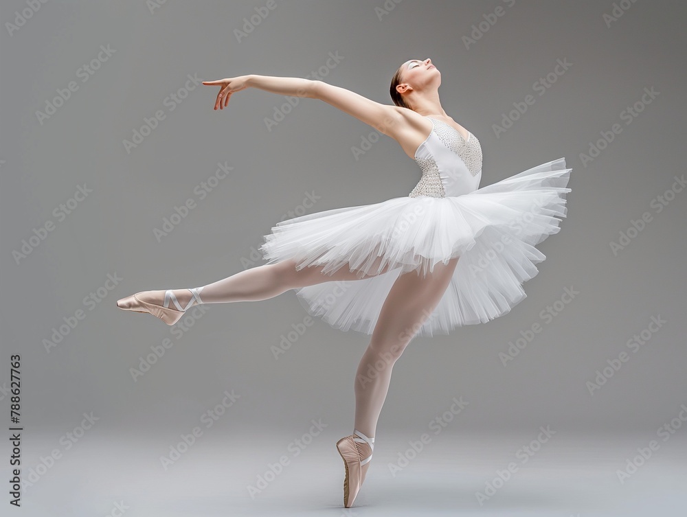 Fototapeta premium prima ballerina against a gray gradient background, exquisite dance, ballet dancer on one toe