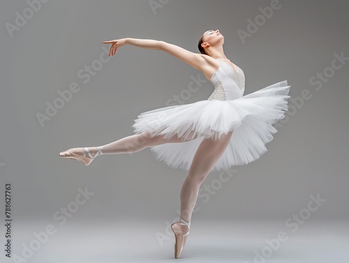 prima ballerina against a gray gradient background, exquisite dance, ballet dancer on one toe