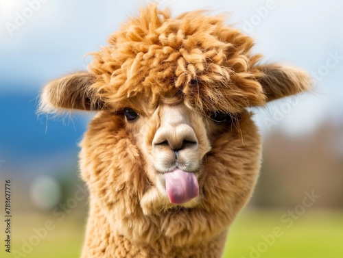 Portrait of cute alpaca lama showing tongue