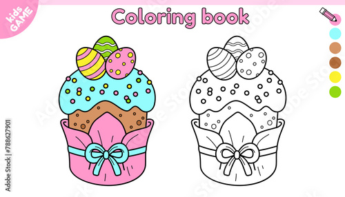Page of kids coloring book with cartoon Easter cake with painted eggs. Color the outline picture. Traditional kulich decorated with a bow for spring holiday. Activity for children. Vector contour.