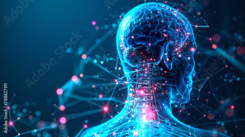 Futuristic digital human profile, concept of artificial intelligence and machine learning. Visual representation of a networked mind. Perfect for tech and science. AI