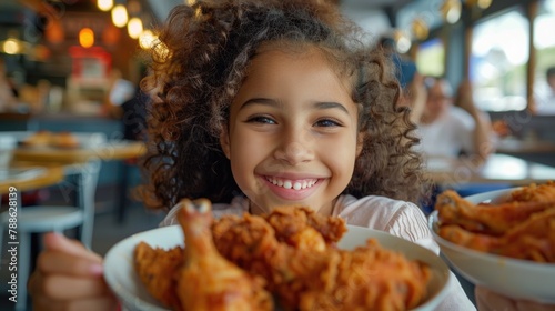 Happy Child Enjoying Delicious Fried Chicken at a Restaurant