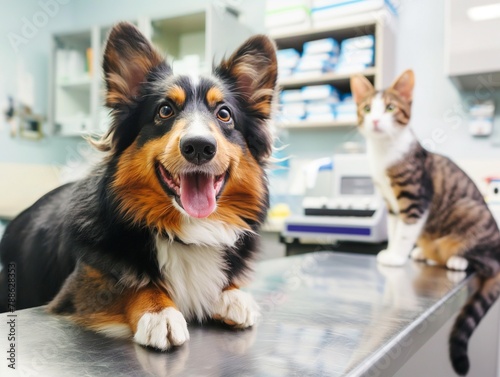 cute dog and cat in clinic at the veterinary clinic. Pet check up and vaccination. Health care