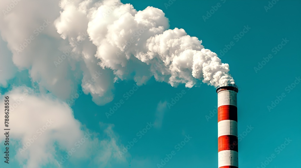 Vertical image of an industrial smokestack emitting white smoke against a clear blue sky. Environmental, pollution theme. Simple composition with copy space. AI Vertical image of an industrial smokestack emitting white smoke against a clear blue sky. Environmental, pollution theme. Simple composition with copy space. AI