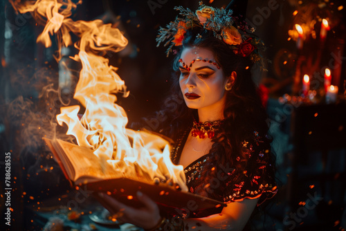 Young woman performs a magical ritual with a burning book, ideal for fantasy themes.