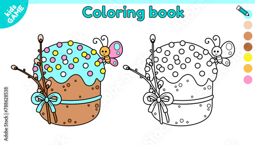 Page of kids coloring book. Cartoon Easter cake decorated with a bow and pussy willow. A cute butterfly sits on a festive kulich. Color the outline picture. Activity for children. Vector illustration.