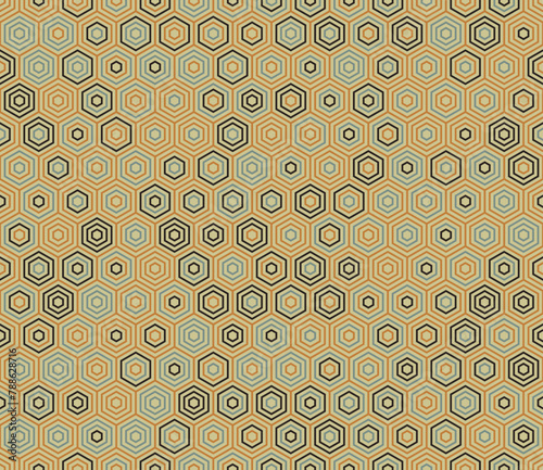 Tileable mosaic background. Simple stacked hexagons pattern. Hexagon cells. Multiple tones color palette. Seamless pattern. Tileable vector illustration.