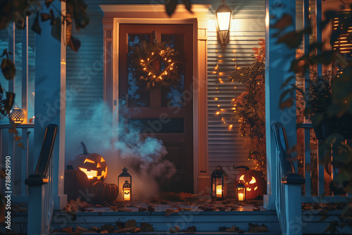 Twilight Halloween Porch with Pumpkins. Spooky Halloween decorated porch with jack-o-lanterns and mist.
