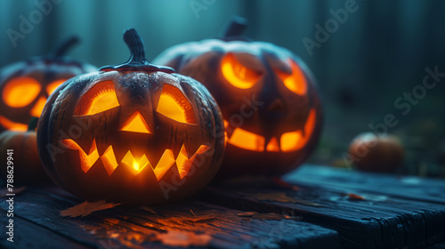 Carved glowing jack-o -lanterns in a spooky forest setting  suitable for Halloween themes.