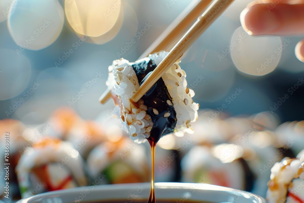 A person is eating sushi with chopsticks
