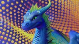 3D depiction of a playful dragon, electric blue with a lime green tail, winking, against a backdrop of dynamic popart halftone dots,