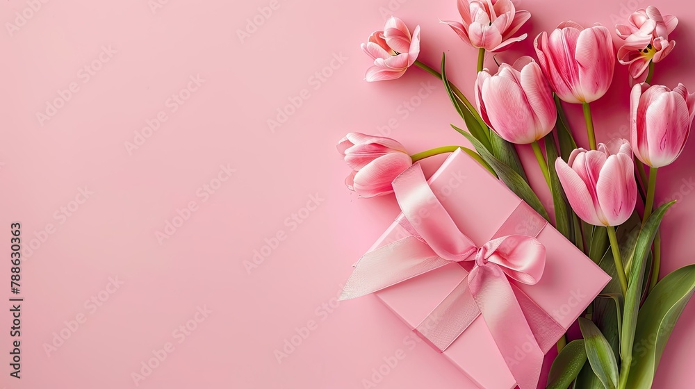 Capture the essence of Mother s Day with a captivating top down shot of a chic pink gift box adorned with a delicate ribbon accompanied by a vibrant bouquet of tulips set against a soft pas