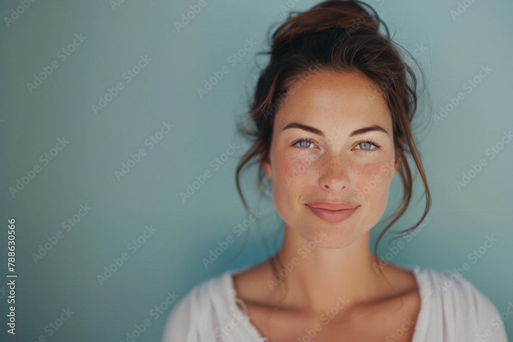 A close up of a woman 's face with a blue background A close up of a woman 's face with a blue background