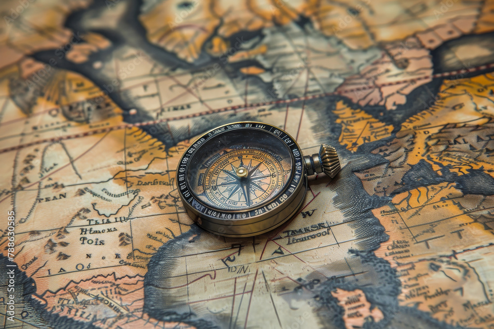 A compass is on a map of the world