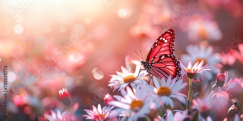 Nature background with pink butterfly flying over blooming flowers © inspiretta