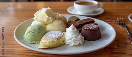 On a wooden table with empty space, there is a white plate containing butter pancakes, matcha ice cream, brownies, mochi, red bean, and whipped cream.