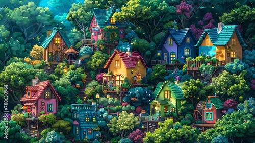 Digital Rendering Techniques, Create a whimsical pixel art aerial scene featuring charming cabins integrated into a vibrant, fantasy forest landscape Use a mix of bright colors and detailed elements t