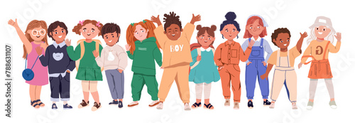 A group of happy children. Cute diverse cheerful children celebrating, waving, greeting. Joyful excited kindergarten friends, little girls and boys. Flat graphic vector illustration isolated on white.