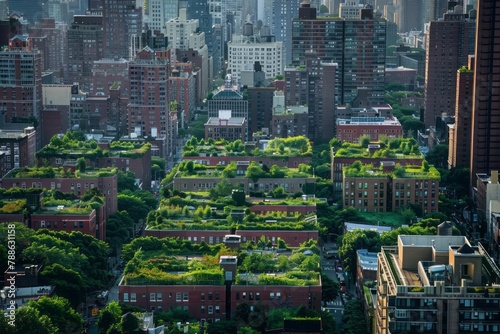 Urban heat island, sprawling cityscape, green rooftops, adaptation strategies