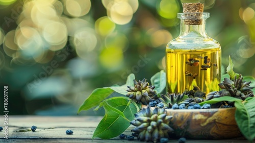 castor oil surrounded by its fruits, seeds, and leaves, a blend of wellness and beauty