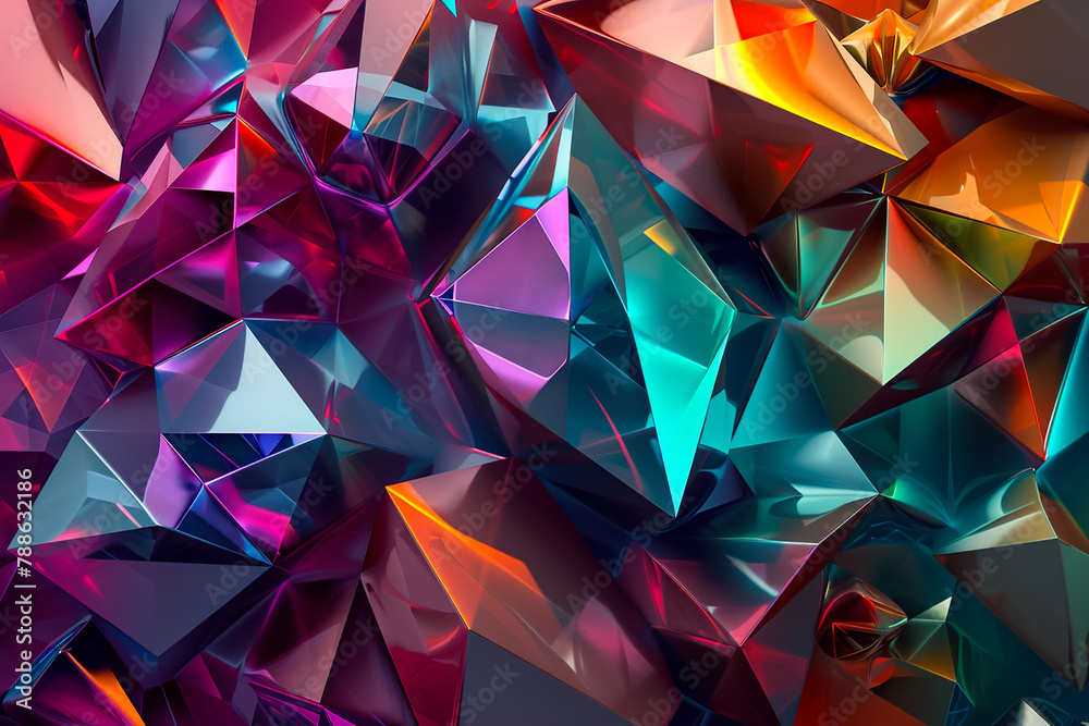 geometric abstraction with a jewel tone color scheme. The shapes are prisms and octahedrons geometric abstraction with a jewel tone color scheme. The shapes are prisms and octahedrons