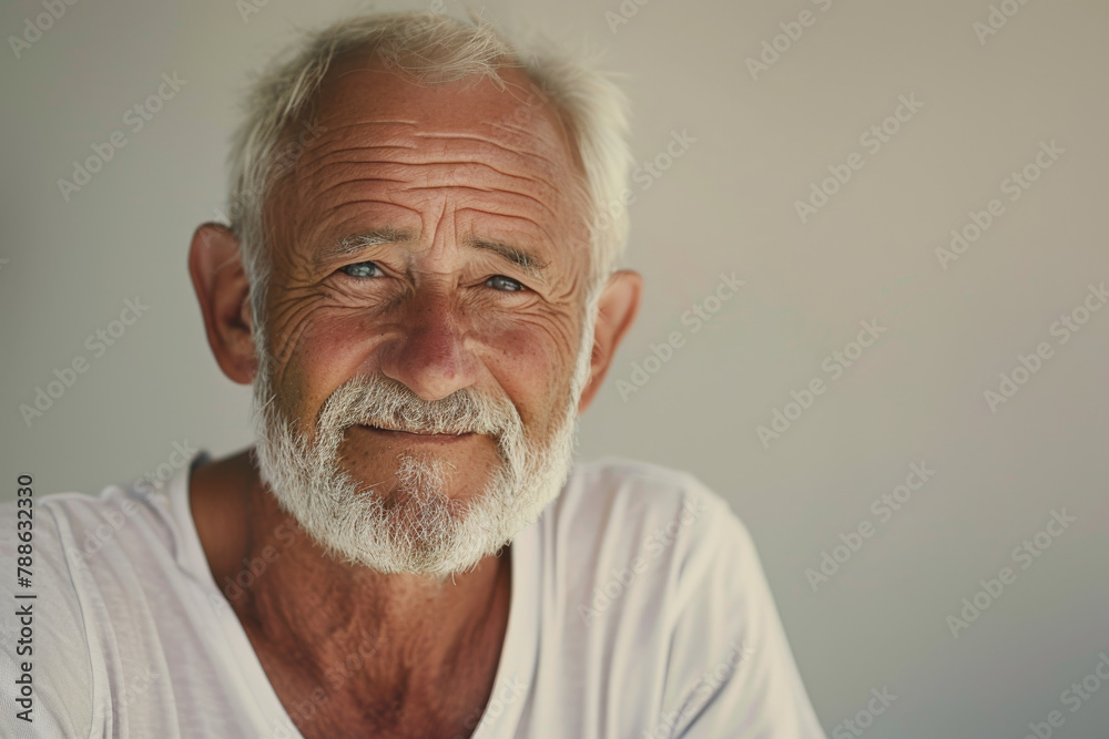 A man with gray hair and a beard smiles for the camera A man with gray hair and a beard smiles for the camera