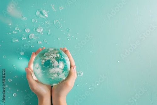 Holding a Crystal Globe with Care  Symbolizing Environmental Conservation. Clean and Bright Style  Concept Art for Earth Day. Generative AI