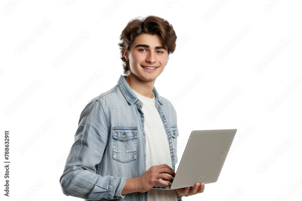 Studio portrait company worker smart young Caucasian man with chill style and serious face wearing casual outfits and holding laptop, isolated on transparent png background. Studio portrait company worker smart young Caucasian man with chill style and serious face wearing casual outfits and holding laptop, isolated on transparent png background.