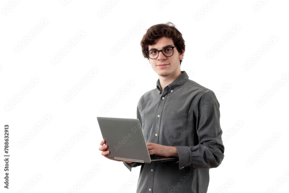 Studio portrait company worker smart young Caucasian man with chill style and serious face wearing casual outfits and holding laptop, isolated on transparent png background.