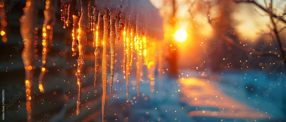 Sunset Glow through Winter Icicles. Concept Winter Sunset, Icy Landscape, Frosty Nature, Snowy Twilight, Seasonal Colors Sunset Glow through Winter Icicles. Concept Winter Sunset, Icy Landscape, Frosty Nature, Snowy Twilight, Seasonal Colors