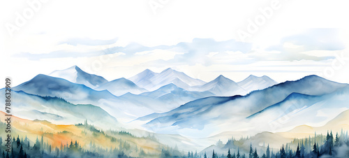 Colorful watercolor landscape of blue mountain peaks